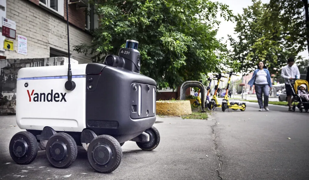 A Yandex delivery robot navigates Moscow streets