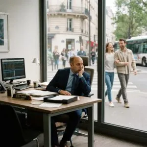 Image of a bored bank adviser in his branch